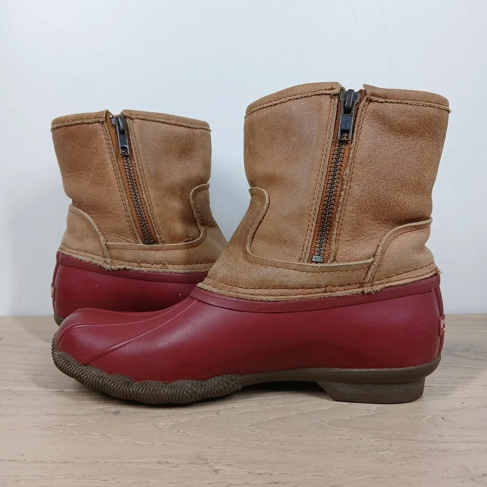 Sperry Waterproof Duck Boots Womens 6 M Red Brown Leather Lace Up Rain Boots